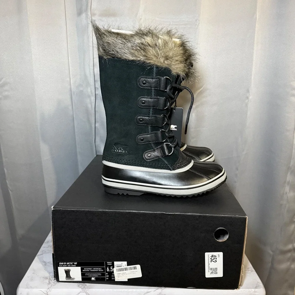 Sorel Joan of Arctic Boots Women 6.5 Black Waterproof Insulated Faux Fur Suede